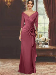 Sheath Column V Neck Half Sleeves Floor Length Mother Of The Bride Dresses With Ruffles Appliques
