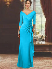 Sheath Column V Neck Half Sleeves Floor Length Mother Of The Bride Dresses With Ruffles Appliques