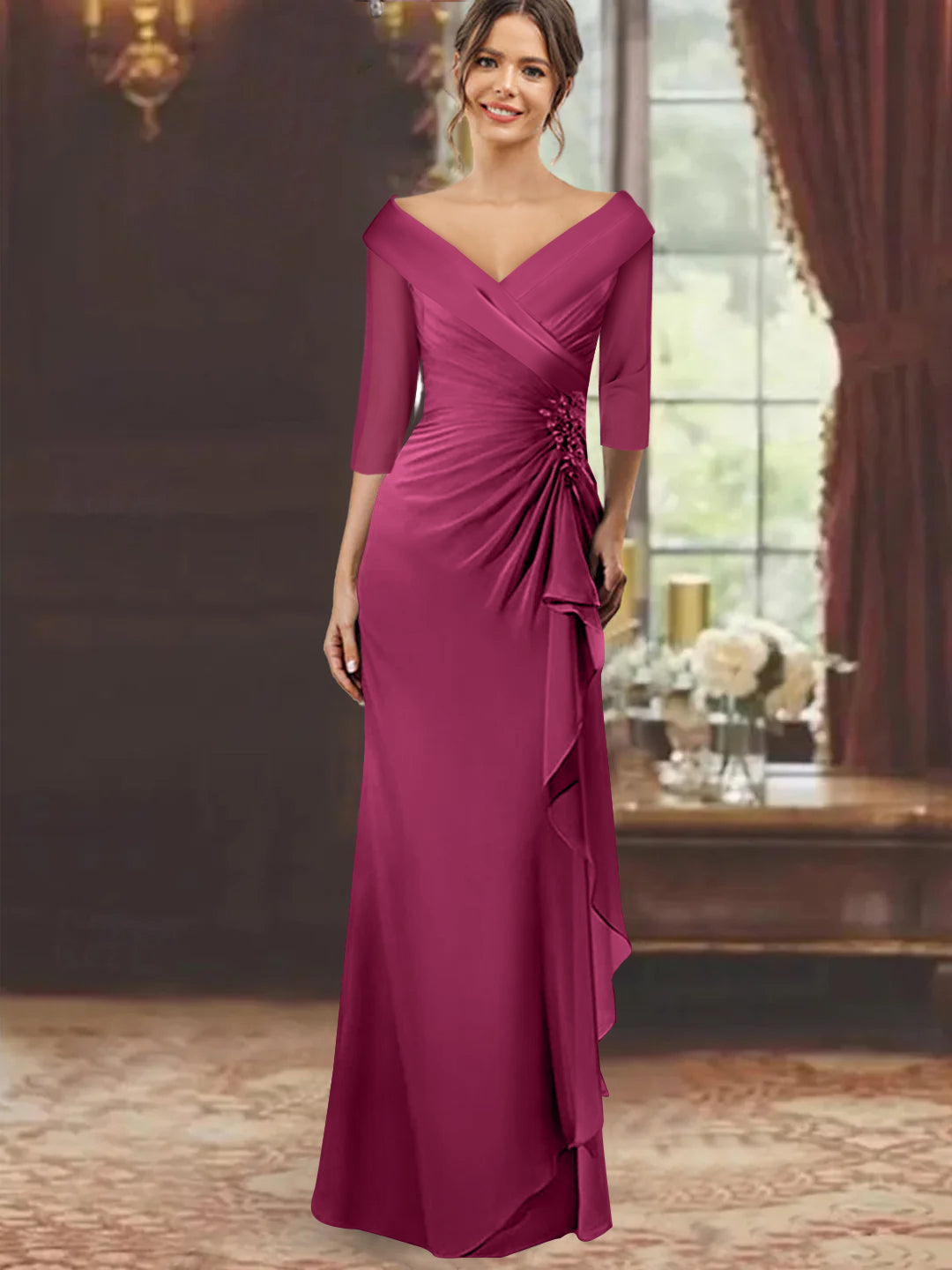 Sheath Column V Neck Half Sleeves Floor Length Mother Of The Bride Dresses With Ruffles Appliques