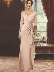 Sheath Column V Neck Half Sleeves Floor Length Mother Of The Bride Dresses With Ruffles Appliques