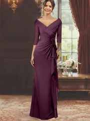 Sheath Column V Neck Half Sleeves Floor Length Mother Of The Bride Dresses With Ruffles Appliques