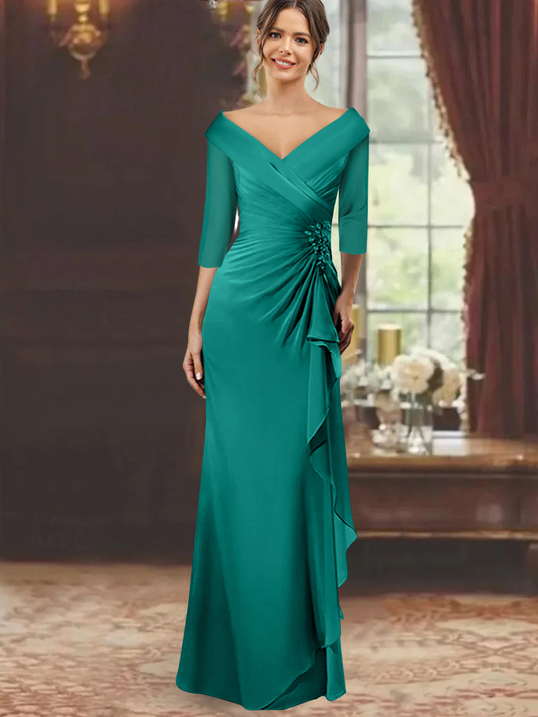 Sheath Column V Neck Half Sleeves Floor Length Mother Of The Bride Dresses With Ruffles Appliques
