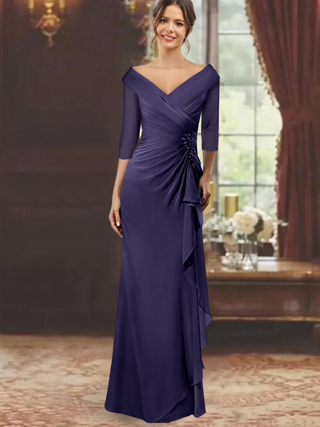 Sheath Column V Neck Half Sleeves Floor Length Mother Of The Bride Dresses With Ruffles Appliques