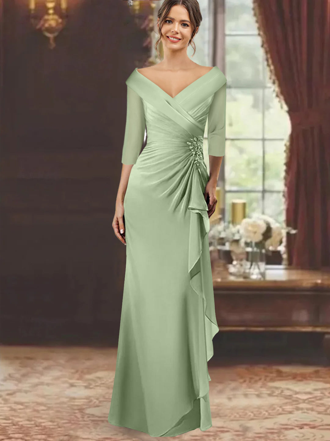 Sheath Column V Neck Half Sleeves Floor Length Mother Of The Bride Dresses With Ruffles Appliques