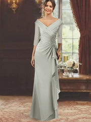 Sheath Column V Neck Half Sleeves Floor Length Mother Of The Bride Dresses With Ruffles Appliques