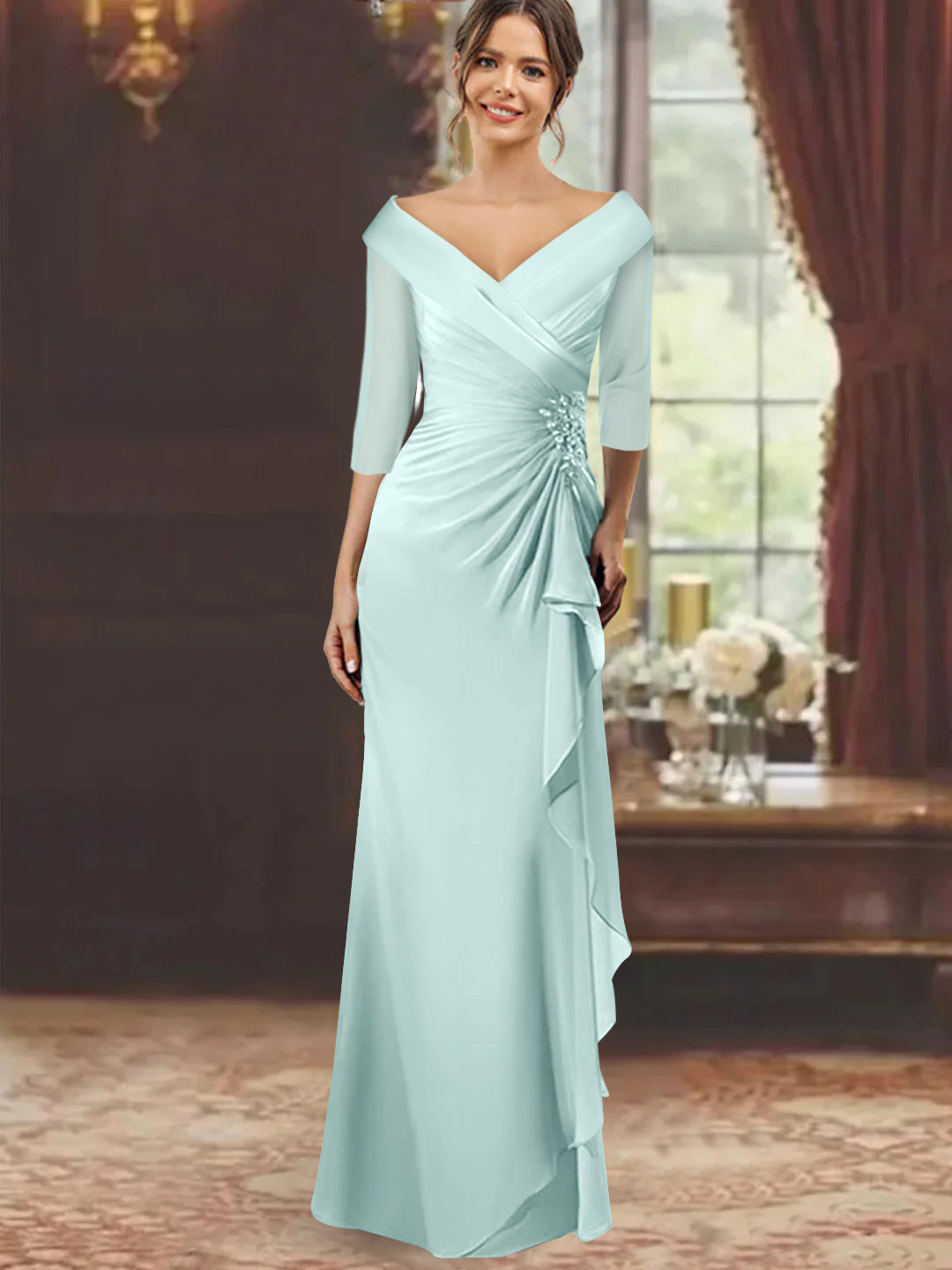 Sheath Column V Neck Half Sleeves Floor Length Mother Of The Bride Dresses With Ruffles Appliques