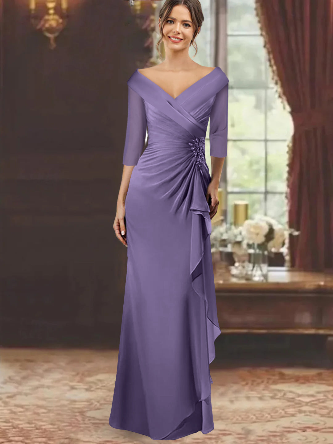 Sheath Column V Neck Half Sleeves Floor Length Mother Of The Bride Dresses With Ruffles Appliques