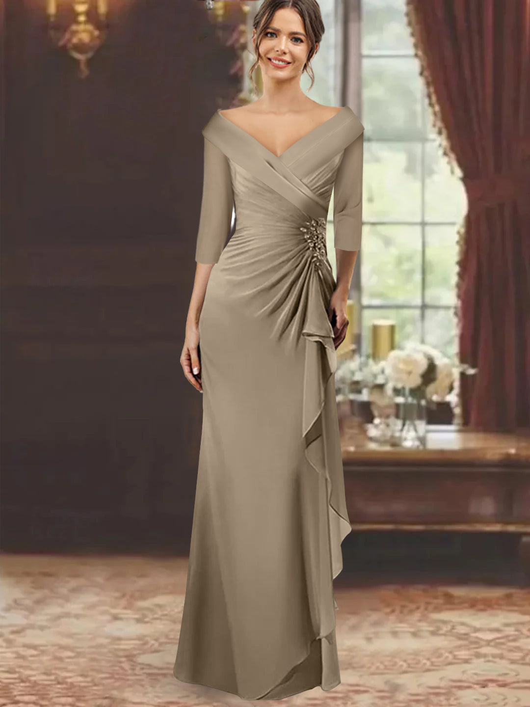 Sheath Column V Neck Half Sleeves Floor Length Mother Of The Bride Dresses With Ruffles Appliques