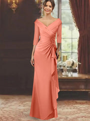 Sheath Column V Neck Half Sleeves Floor Length Mother Of The Bride Dresses With Ruffles Appliques