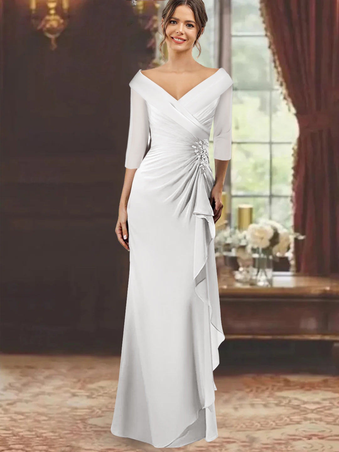 Sheath Column V Neck Half Sleeves Floor Length Mother Of The Bride Dresses With Ruffles Appliques