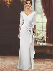 Sheath Column V Neck Half Sleeves Floor Length Mother Of The Bride Dresses With Ruffles Appliques