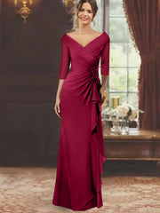 Sheath Column V Neck Half Sleeves Floor Length Mother Of The Bride Dresses With Ruffles Appliques