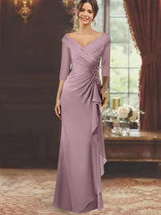 Sheath Column V Neck Half Sleeves Floor Length Mother Of The Bride Dresses With Ruffles Appliques