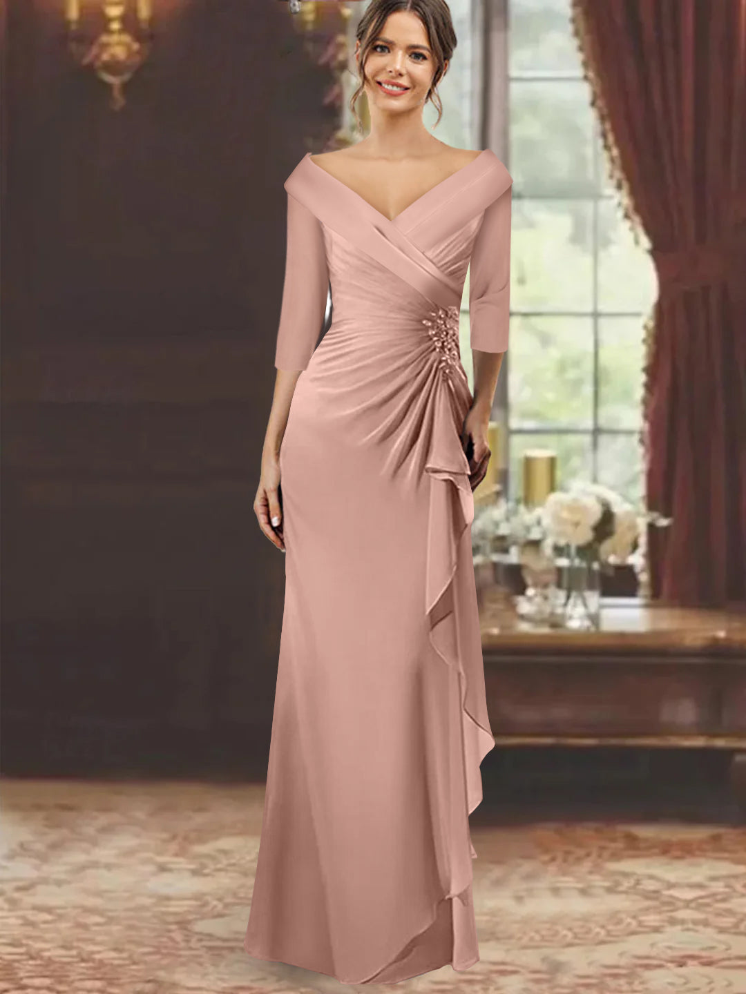 Sheath Column V Neck Half Sleeves Floor Length Mother Of The Bride Dresses With Ruffles Appliques