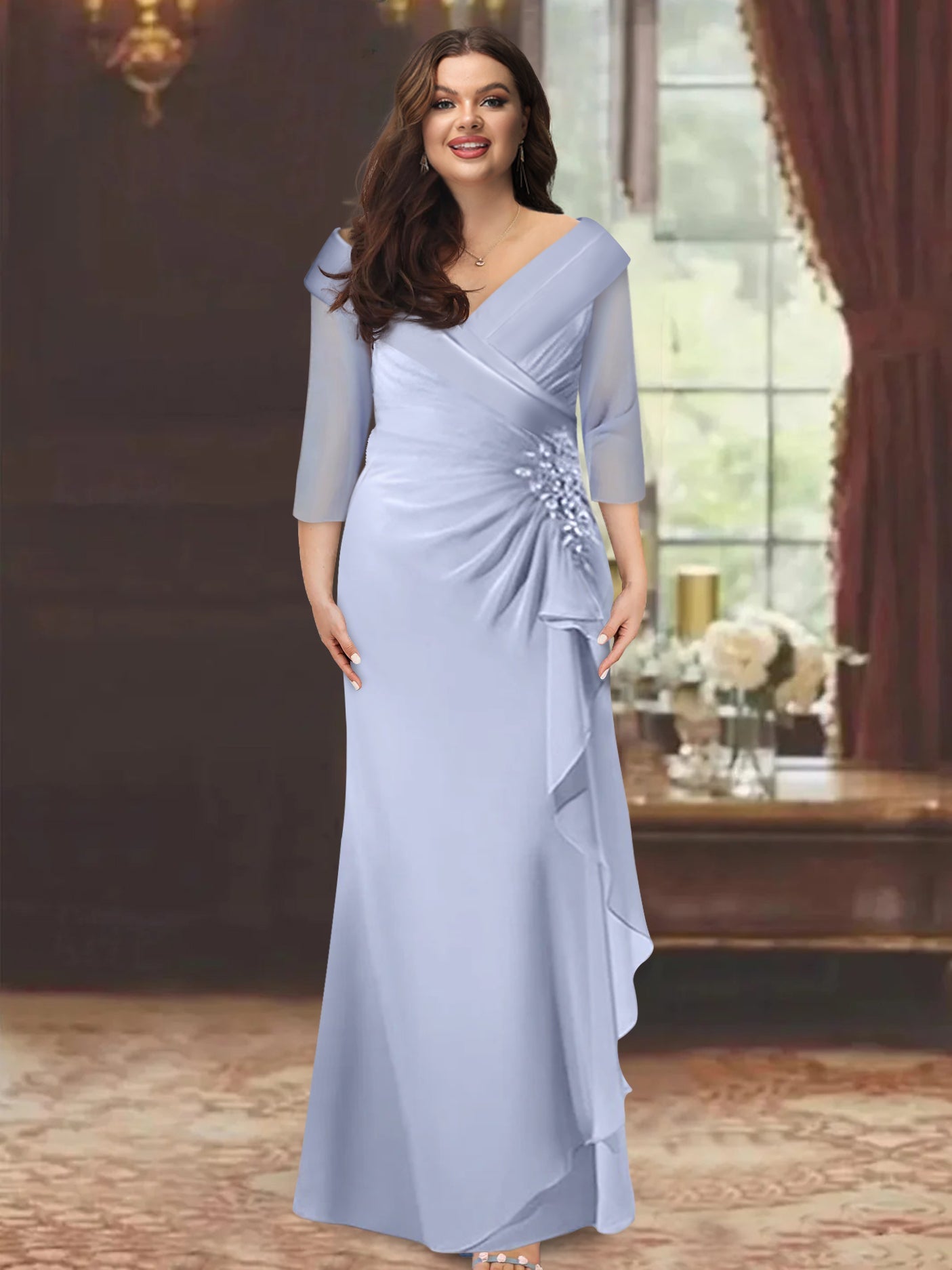 Sheath Column V Neck Half Sleeves Floor Length Mother Of The Bride Dresses With Ruffles Appliques