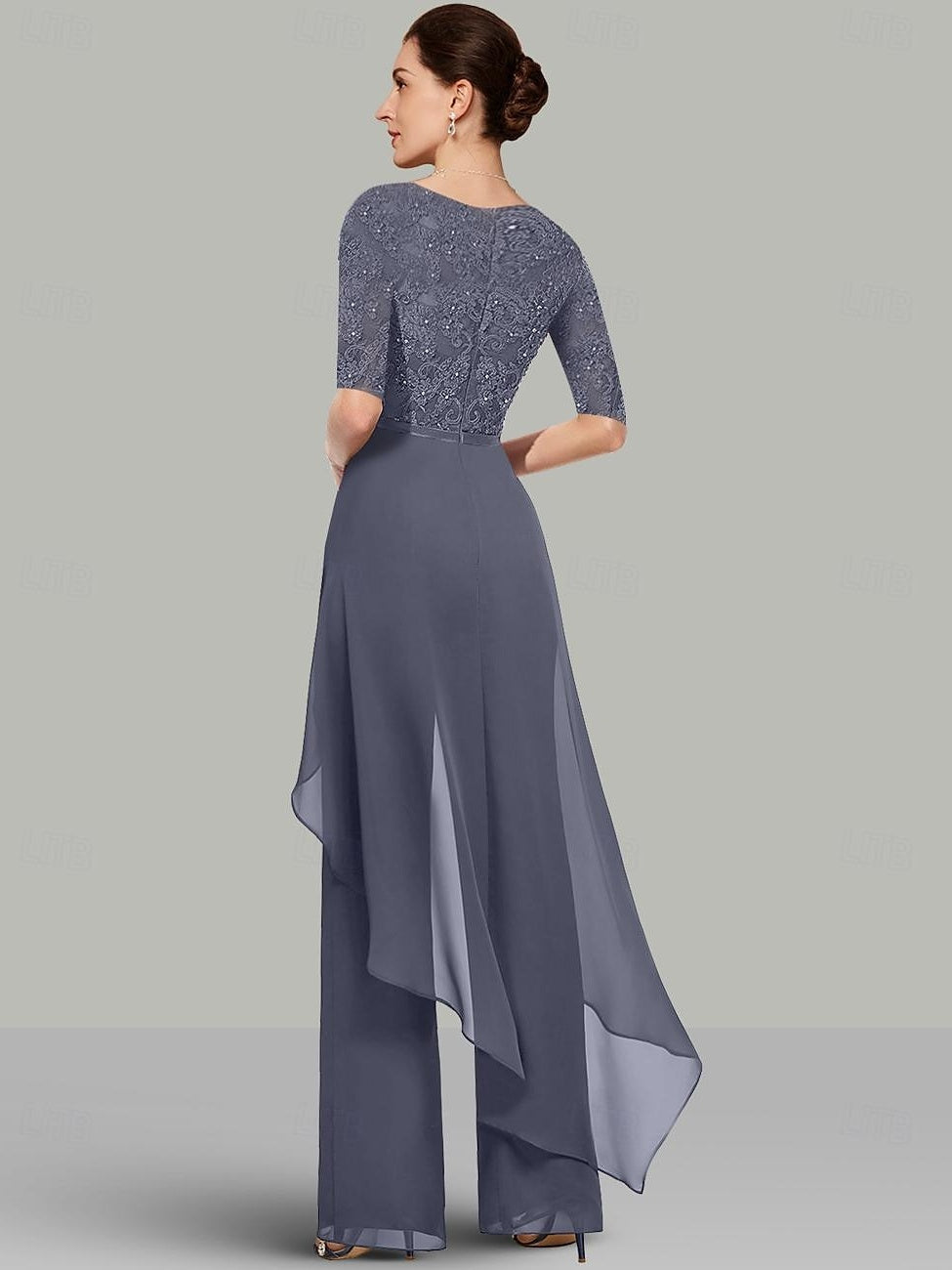 Chiffon Jewel Neck Half Sleeves Floor Length Mother Of The Bride Jumpsuits With Lace Ruffles