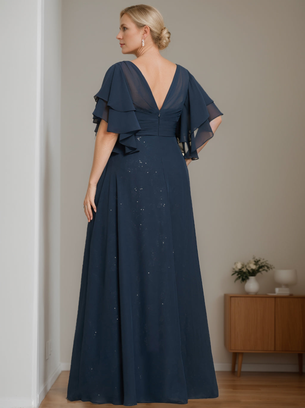 A Line Princess V Neck Half Sleeves Floor Length Plus Sizemother Of The Bride Dresses With Pleated
