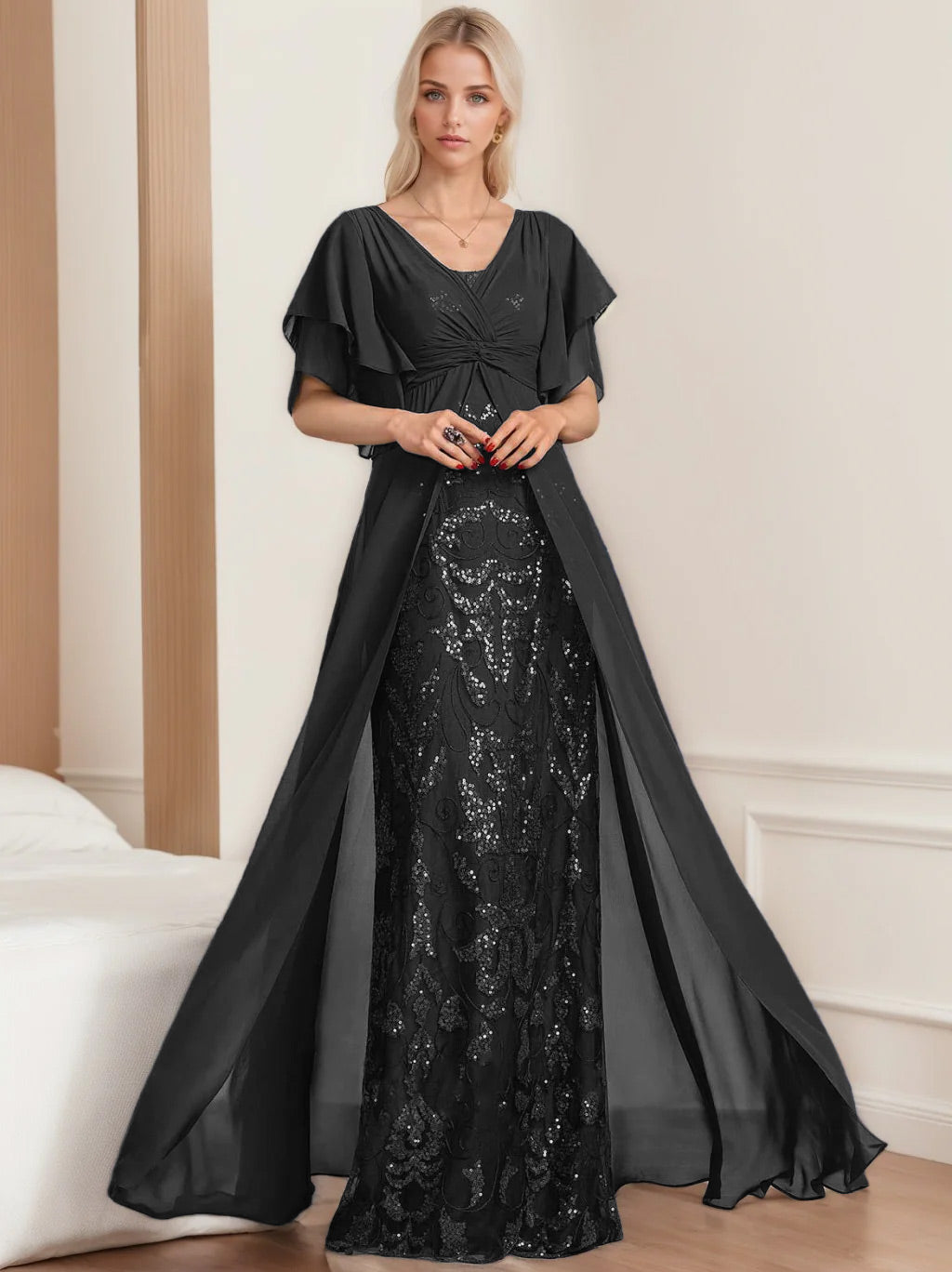 A Line Princess V Neck Half Sleeves Floor Length Plus Sizemother Of The Bride Dresses With Pleated