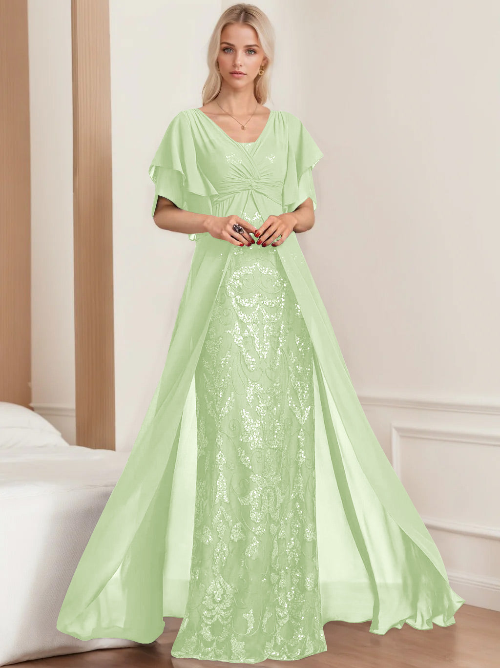 A Line Princess V Neck Half Sleeves Floor Length Plus Sizemother Of The Bride Dresses With Pleated