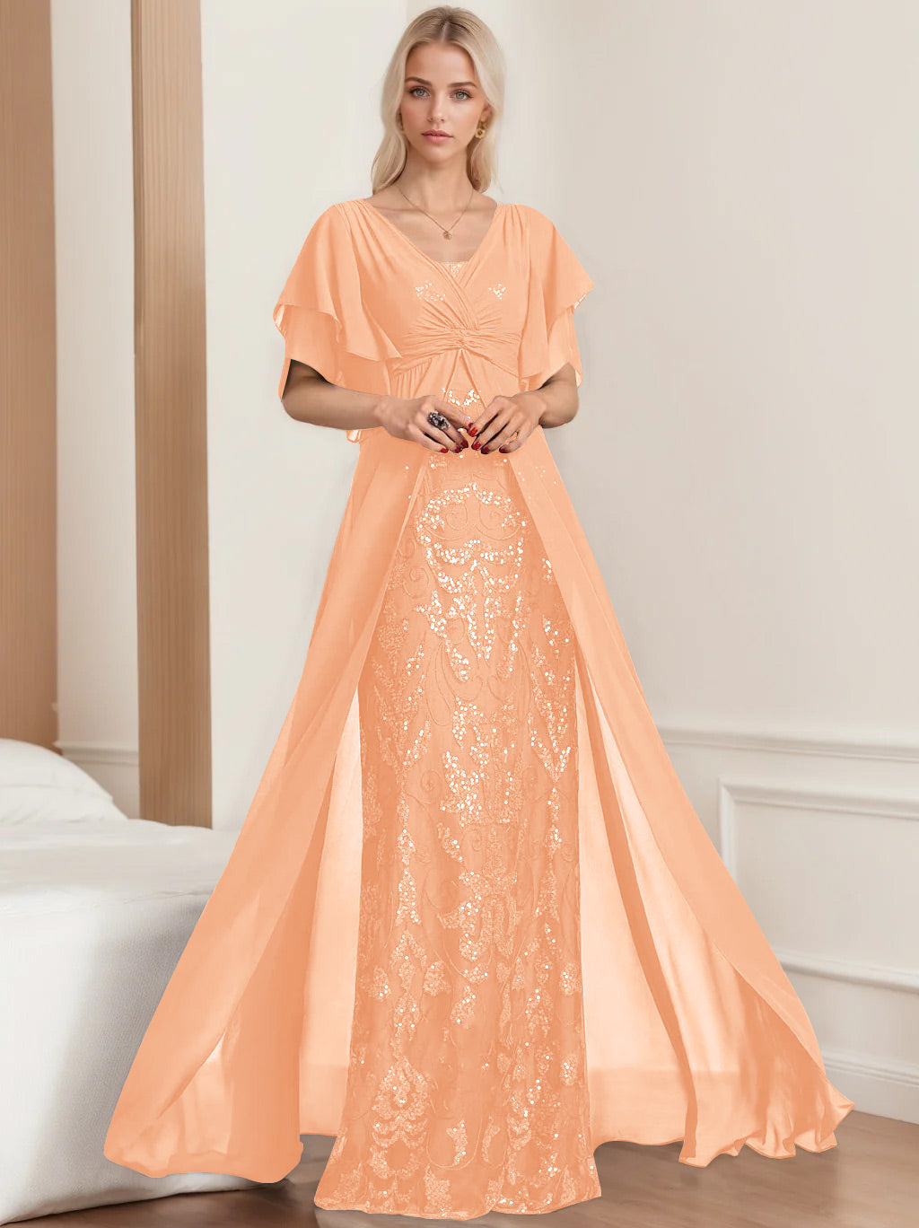 A Line Princess V Neck Half Sleeves Floor Length Plus Sizemother Of The Bride Dresses With Pleated