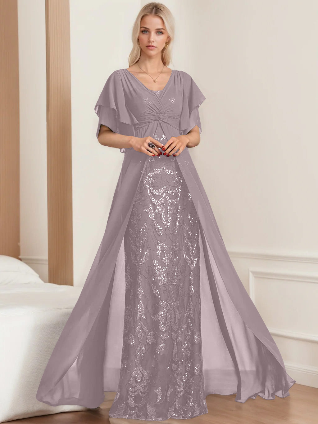 A Line Princess V Neck Half Sleeves Floor Length Plus Sizemother Of The Bride Dresses With Pleated