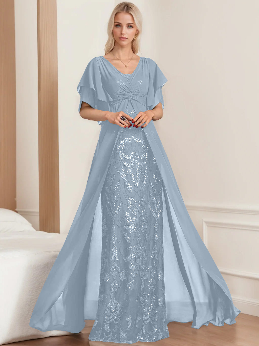 A Line Princess V Neck Half Sleeves Floor Length Plus Sizemother Of The Bride Dresses With Pleated