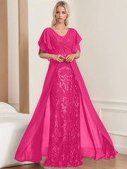 A Line Princess V Neck Half Sleeves Floor Length Plus Sizemother Of The Bride Dresses With Pleated