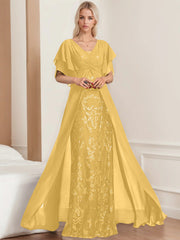 A-Line/Princess V-Neck Half Sleeves Floor-Length Plus SizeMother of the Bride Dresses with Pleated