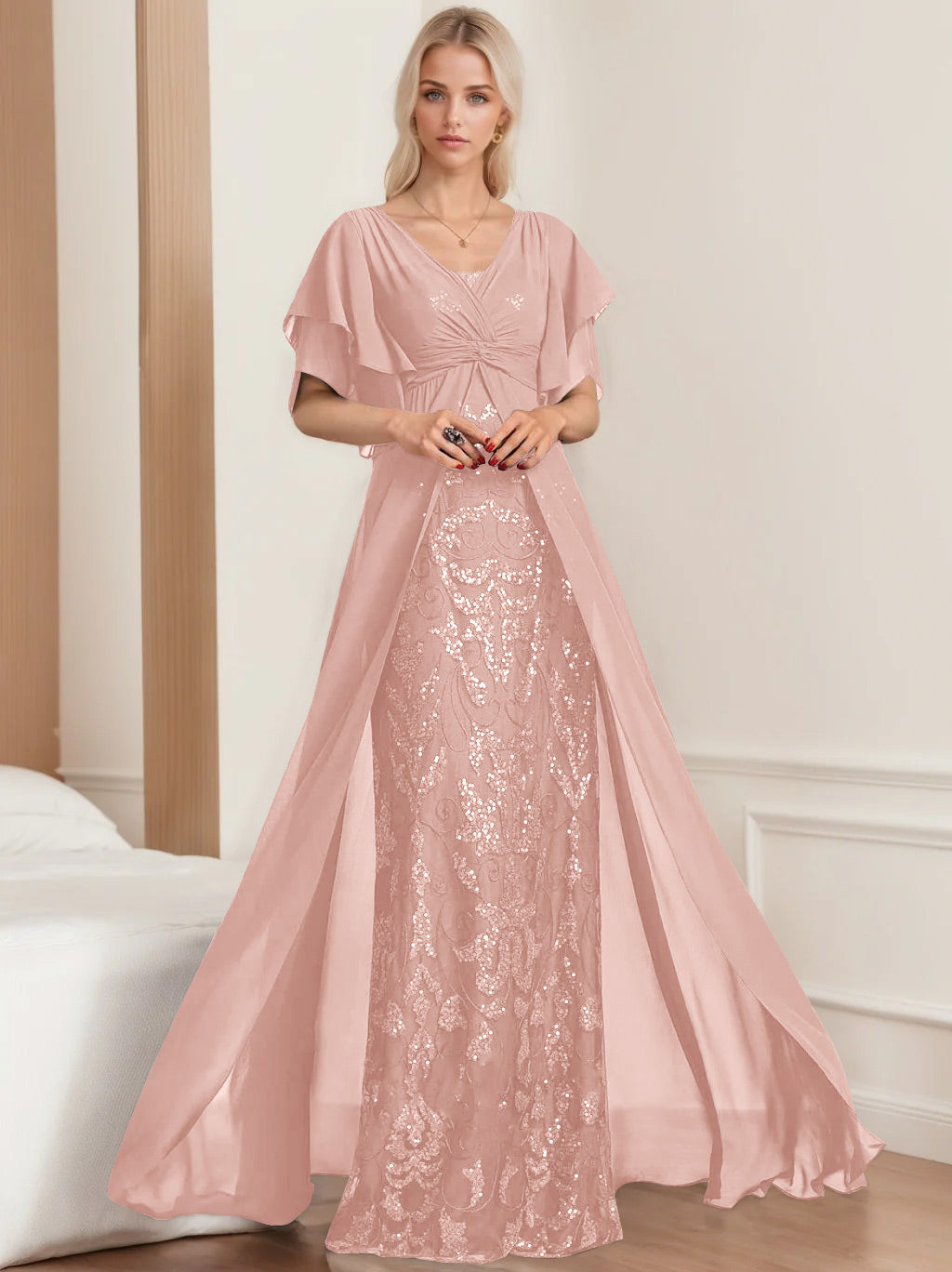 A Line Princess V Neck Half Sleeves Floor Length Plus Sizemother Of The Bride Dresses With Pleated