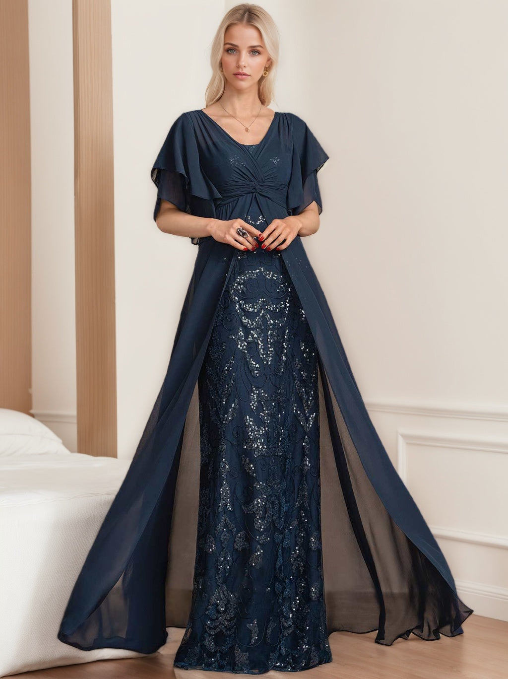 A Line Princess V Neck Half Sleeves Floor Length Plus Sizemother Of The Bride Dresses With Pleated