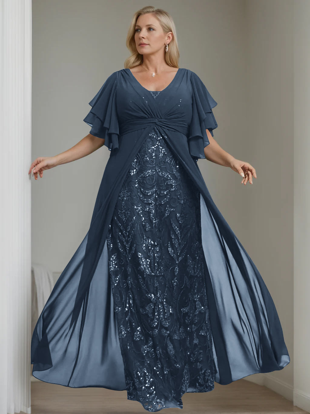 A Line Princess V Neck Half Sleeves Floor Length Plus Sizemother Of The Bride Dresses With Pleated