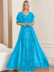 A Line Princess V Neck Half Sleeves Floor Length Plus Sizemother Of The Bride Dresses With Pleated