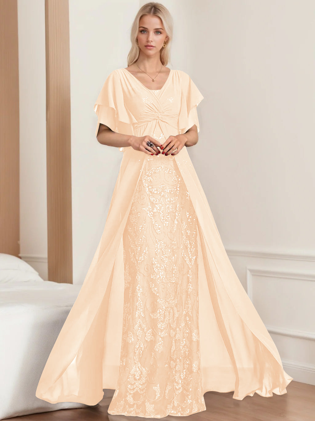 A Line Princess V Neck Half Sleeves Floor Length Plus Sizemother Of The Bride Dresses With Pleated