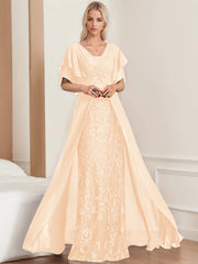 A Line Princess V Neck Half Sleeves Floor Length Plus Sizemother Of The Bride Dresses With Pleated