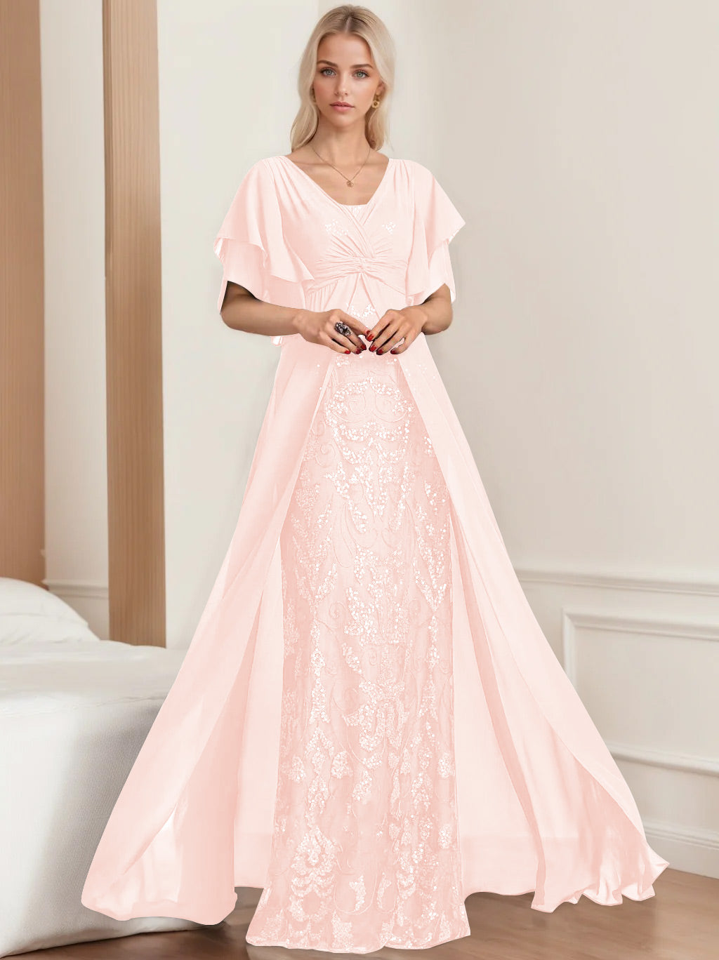A Line Princess V Neck Half Sleeves Floor Length Plus Sizemother Of The Bride Dresses With Pleated