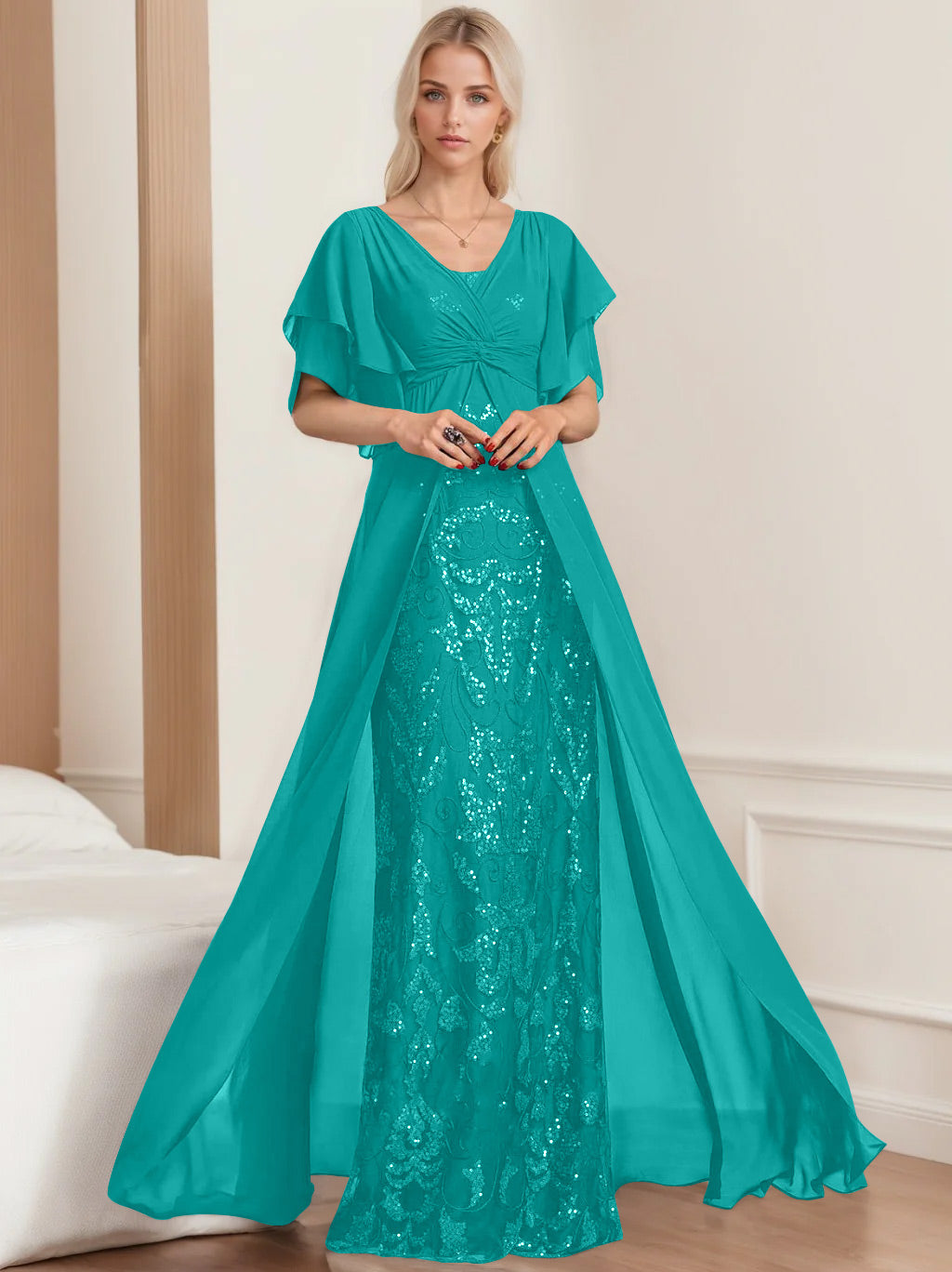A Line Princess V Neck Half Sleeves Floor Length Plus Sizemother Of The Bride Dresses With Pleated