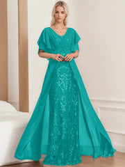 A Line Princess V Neck Half Sleeves Floor Length Plus Sizemother Of The Bride Dresses With Pleated