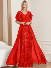 A Line Princess V Neck Half Sleeves Floor Length Plus Sizemother Of The Bride Dresses With Pleated