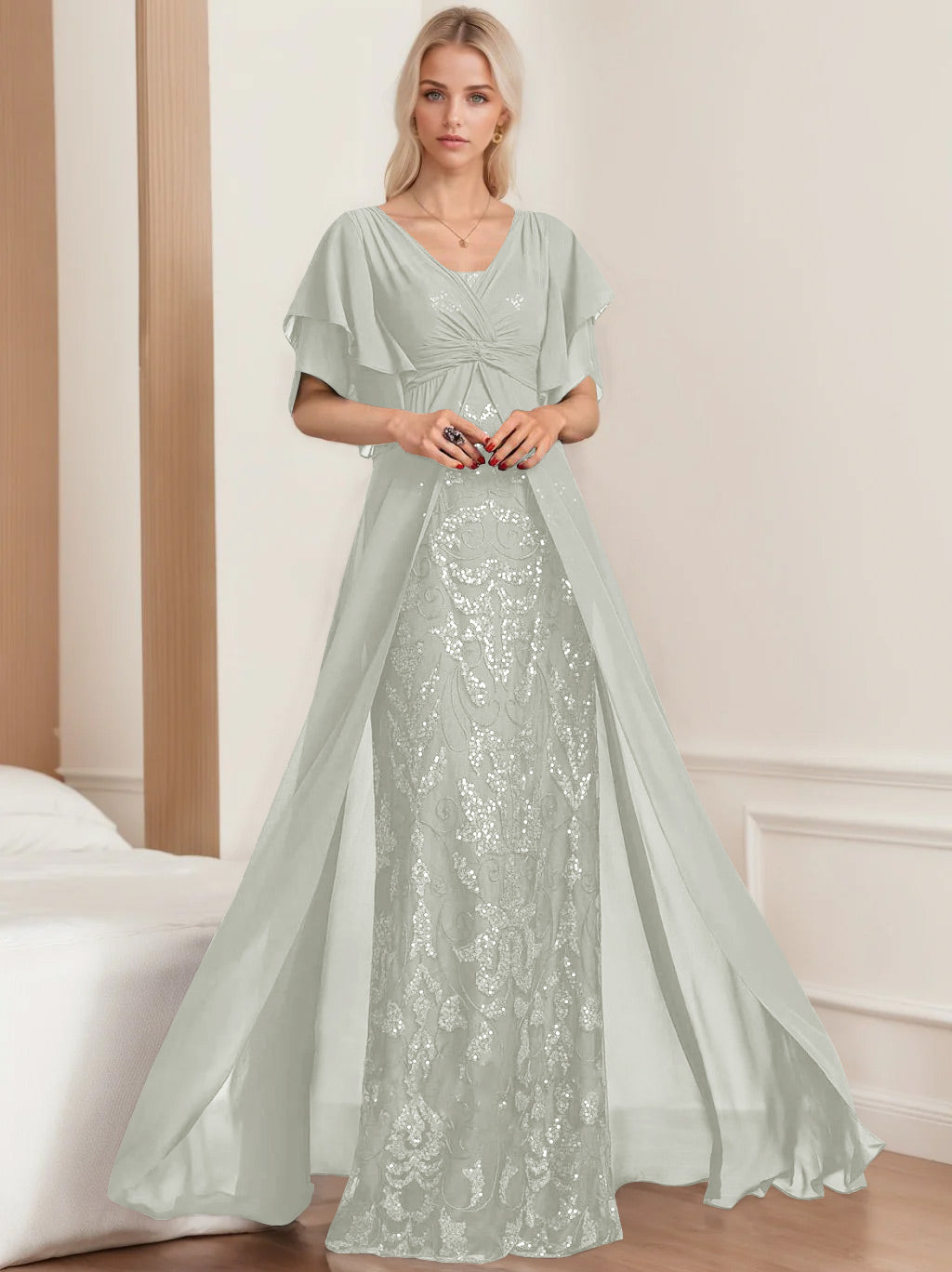 A Line Princess V Neck Half Sleeves Floor Length Plus Sizemother Of The Bride Dresses With Pleated