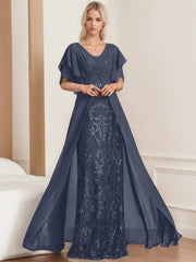 A Line Princess V Neck Half Sleeves Floor Length Plus Sizemother Of The Bride Dresses With Pleated