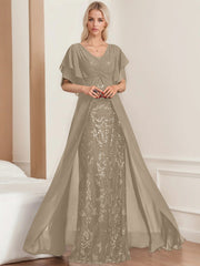 A Line Princess V Neck Half Sleeves Floor Length Plus Sizemother Of The Bride Dresses With Pleated