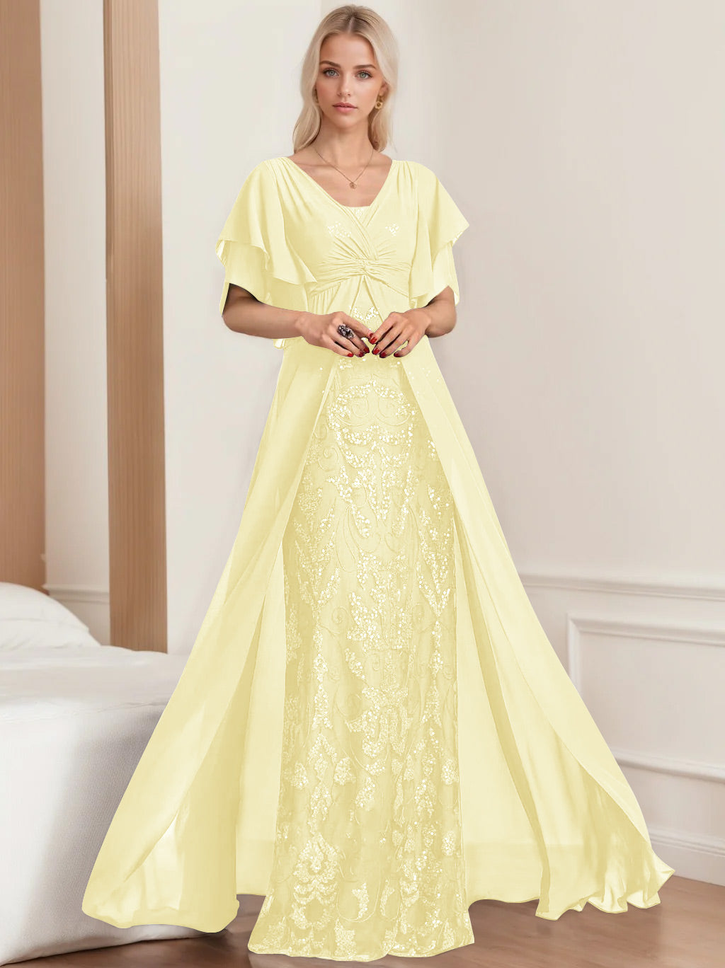 A Line Princess V Neck Half Sleeves Floor Length Plus Sizemother Of The Bride Dresses With Pleated