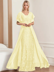 A Line Princess V Neck Half Sleeves Floor Length Plus Sizemother Of The Bride Dresses With Pleated