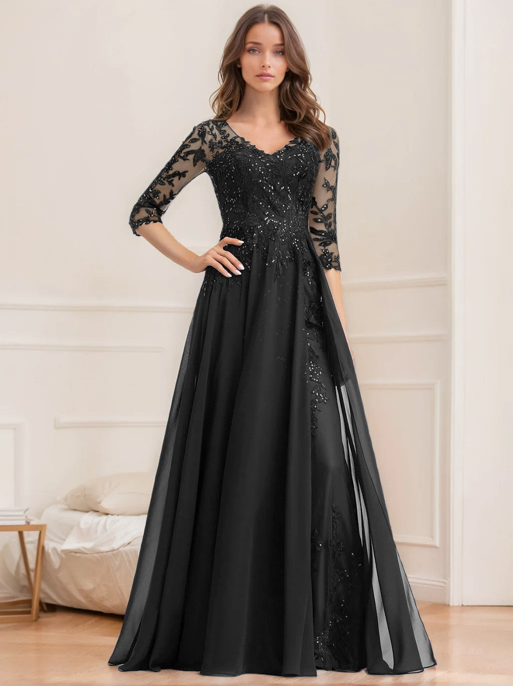 A Line Princess V Neck Half Sleeves Floor Length Mother Of The Bride Dresses With Sequins