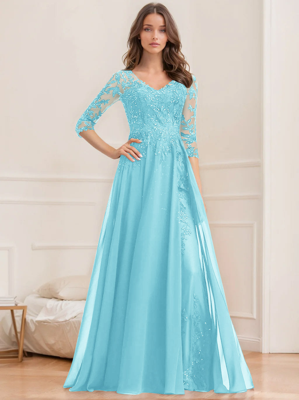 A Line Princess V Neck Half Sleeves Floor Length Mother Of The Bride Dresses With Sequins