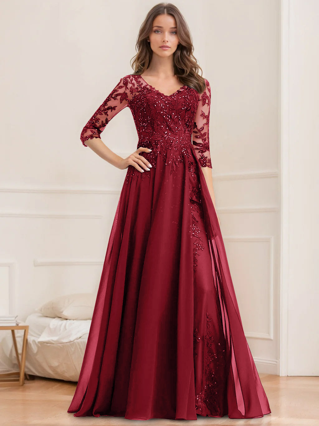 A Line Princess V Neck Half Sleeves Floor Length Mother Of The Bride Dresses With Sequins