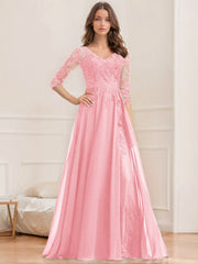 A Line Princess V Neck Half Sleeves Floor Length Mother Of The Bride Dresses With Sequins