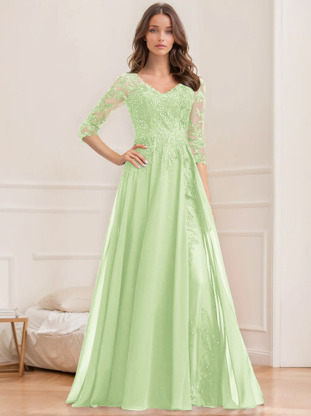 A Line Princess V Neck Half Sleeves Floor Length Mother Of The Bride Dresses With Sequins