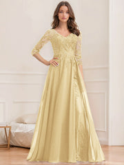A Line Princess V Neck Half Sleeves Floor Length Mother Of The Bride Dresses With Sequins
