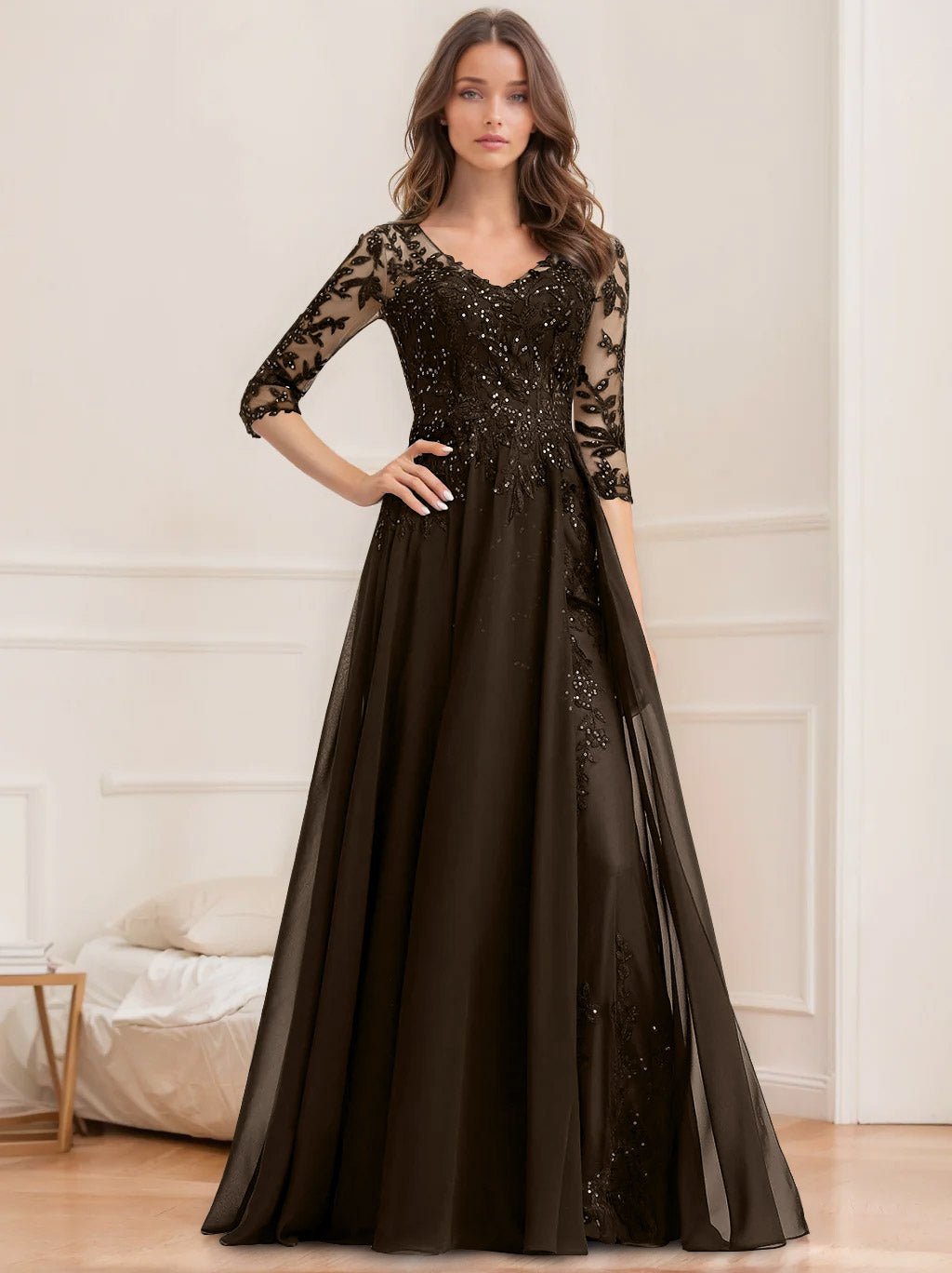 A Line Princess V Neck Half Sleeves Floor Length Mother Of The Bride Dresses With Sequins